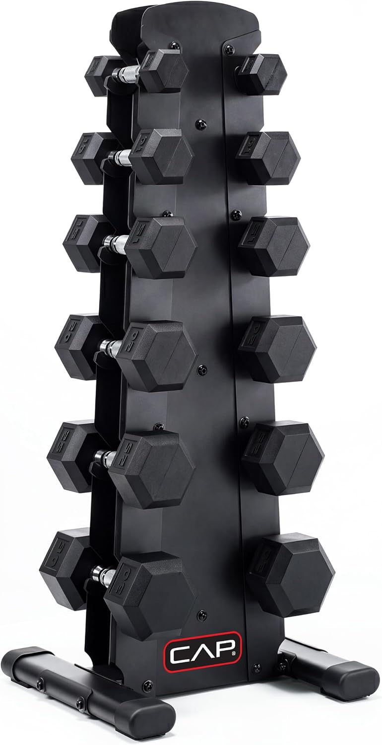 CAP Rubber Coated Dumbbell Weight Set with Vertical Rack
