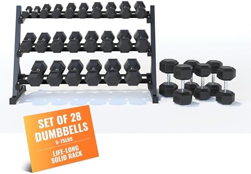 Rubber Hex Dumbbell Set with Rack, 8/10/12/15/20 Pair Weight Rack with Dumbbells for Home Gym